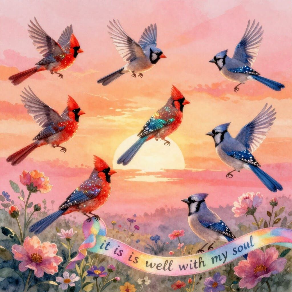 Glittery Birds Soar Through Whimsical Sunrise Sky