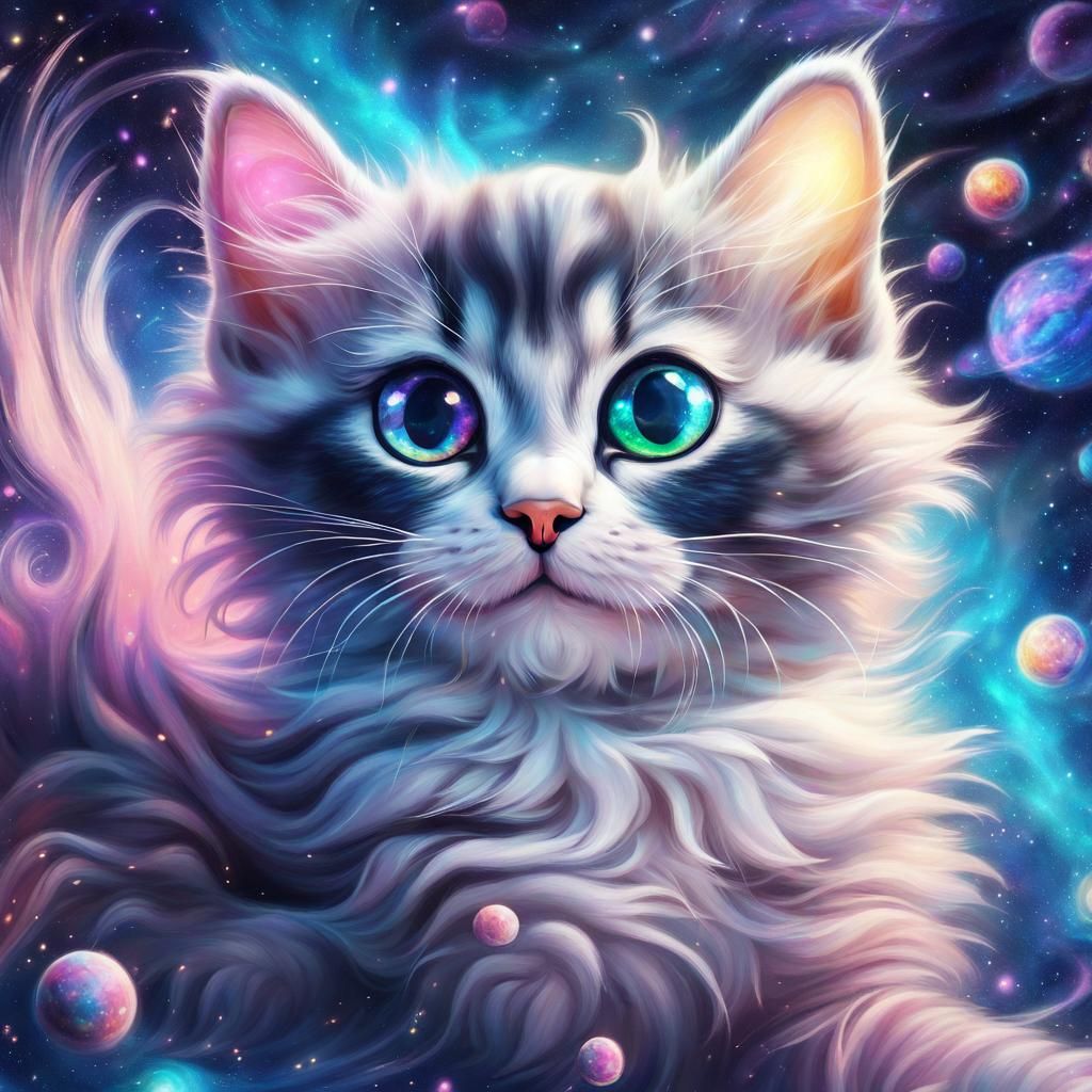 Tuxedo Kitten Floating in Space, Astral Illustration