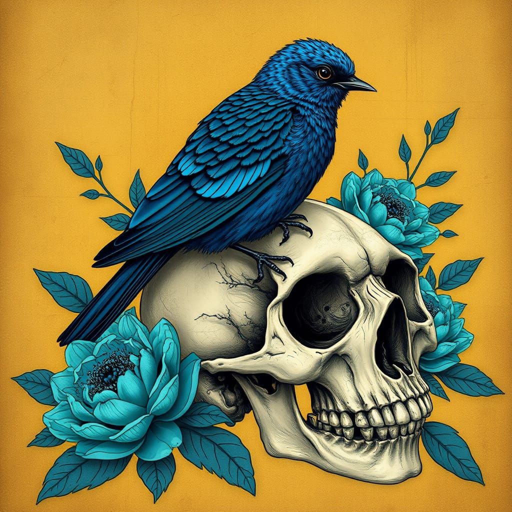 Bluebird Perched on Skull in Gothic Dystopian Style