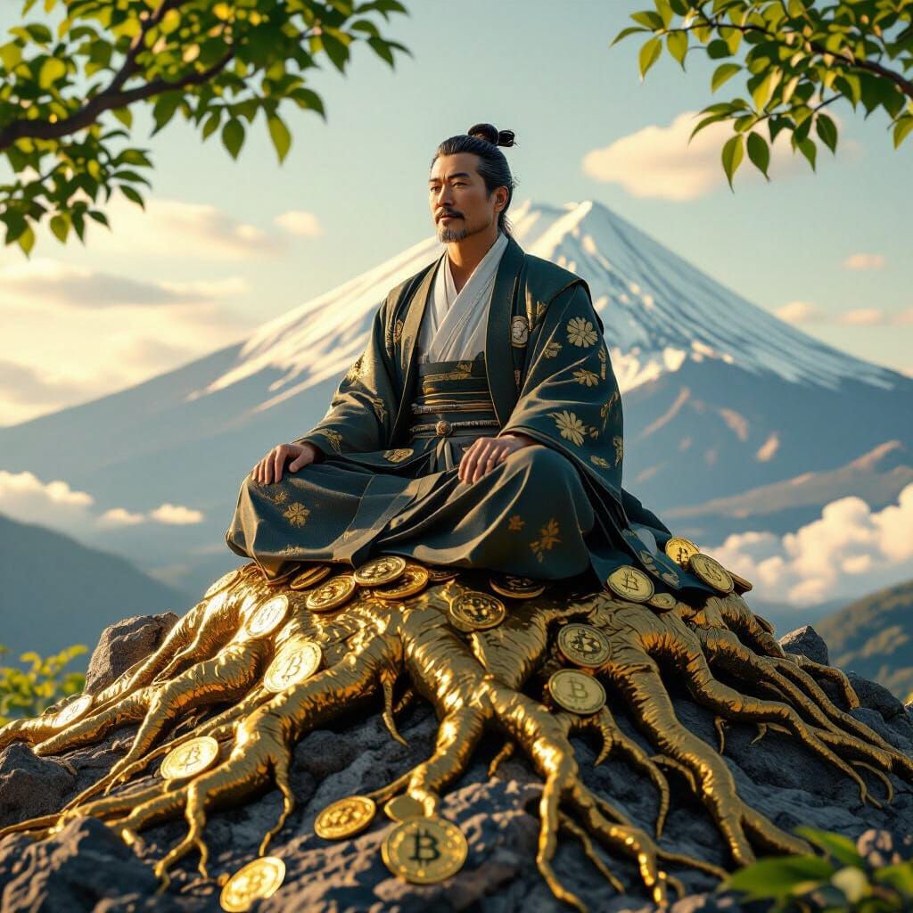 Serene Japanese Man on Mountain Peak with Bitcoin