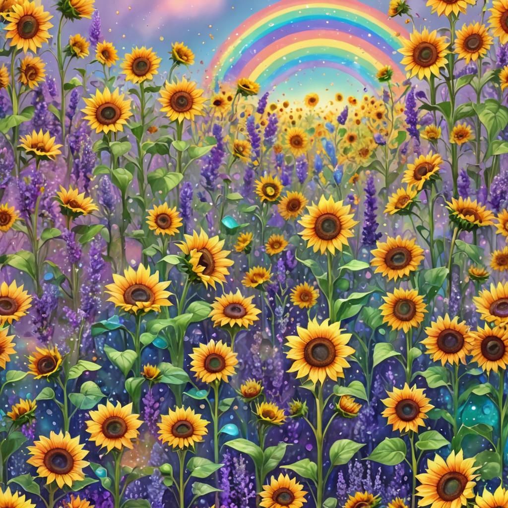 Iridescent Sunflowers and Lavender in Candy Art Style