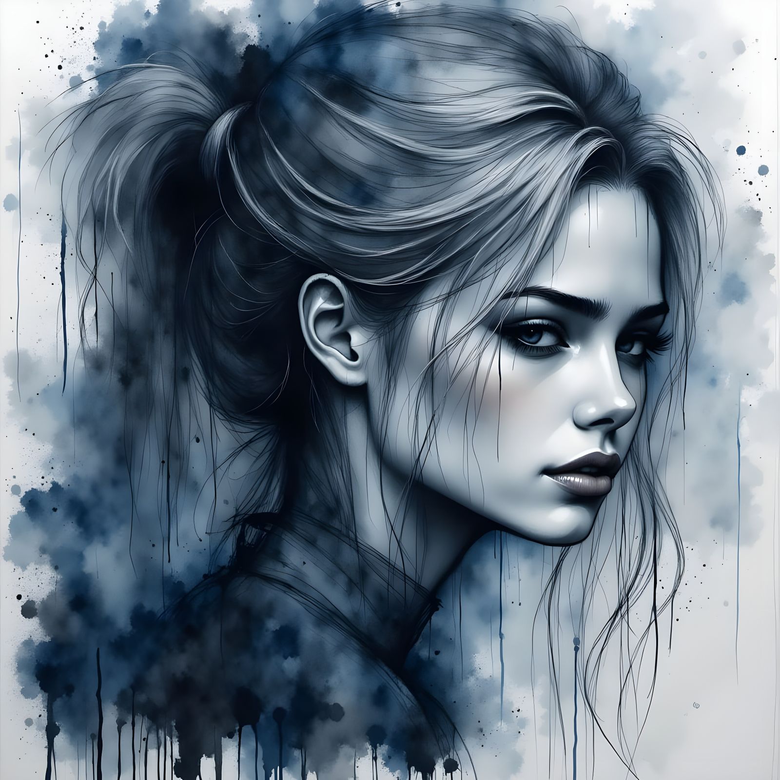 Norse Goddess Charcoal Portrait in Midnight Blue