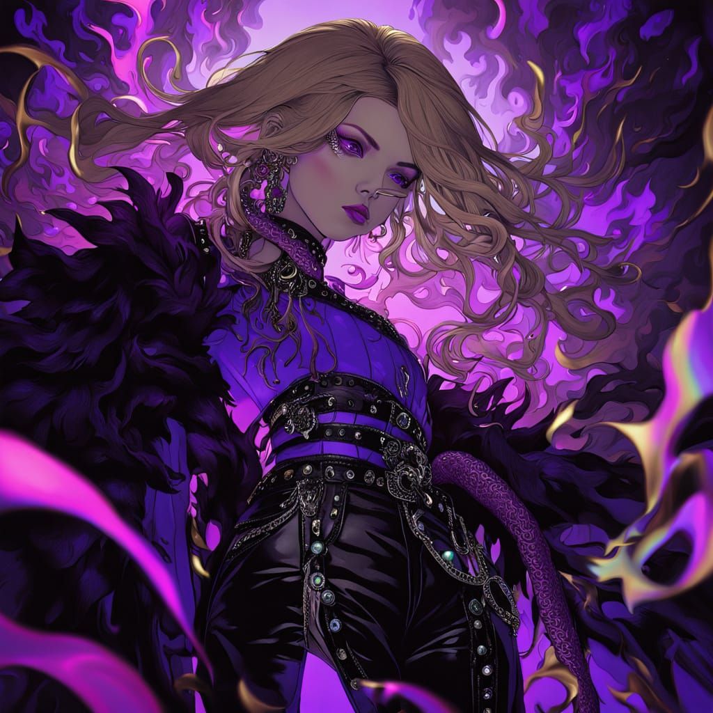 Exotic Goddess in Violet Hues, High-Fashion Surrealism