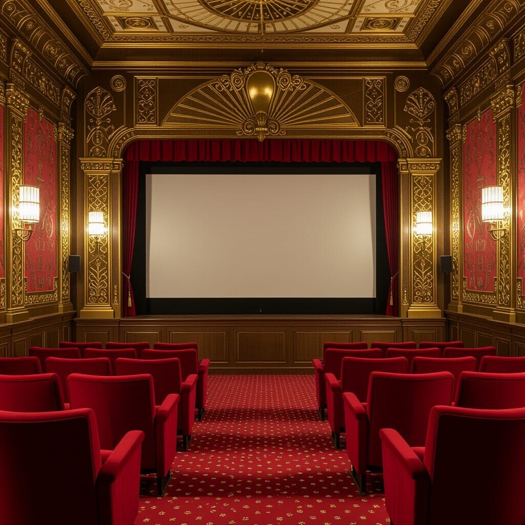Art Deco Cinema with Velvet Seats and Bronze Lamps