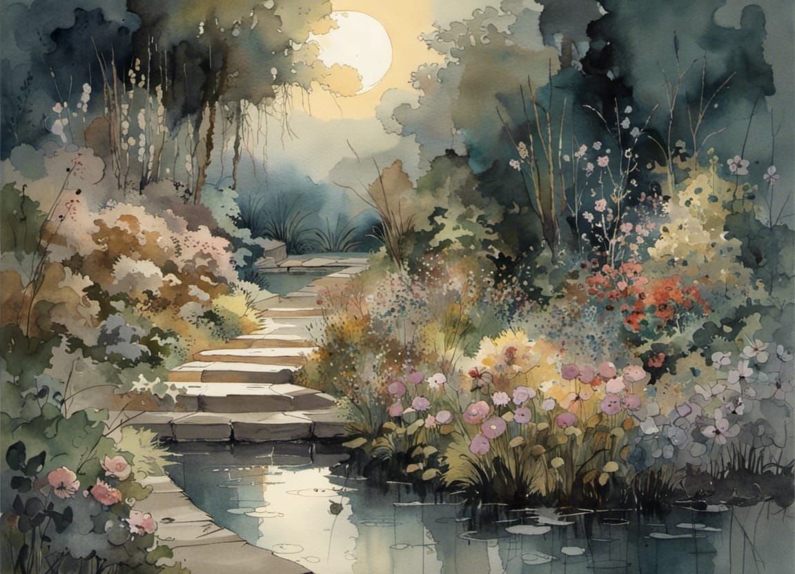 Moonlit Garden Path Watercolor Painting