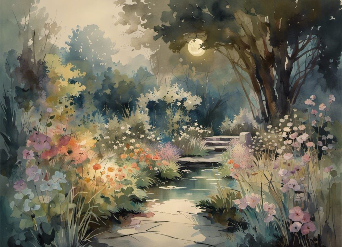 Moonlit Garden Path Watercolor Painting