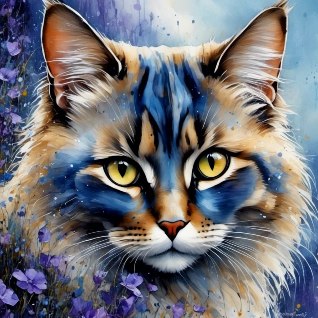 Ragdoll Cat Sunrise Landscape in Art Brut Style