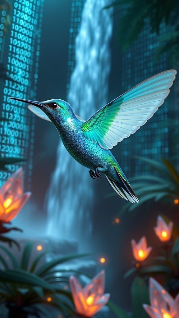 Bioluminescent Hummingbird in Digital Jungle