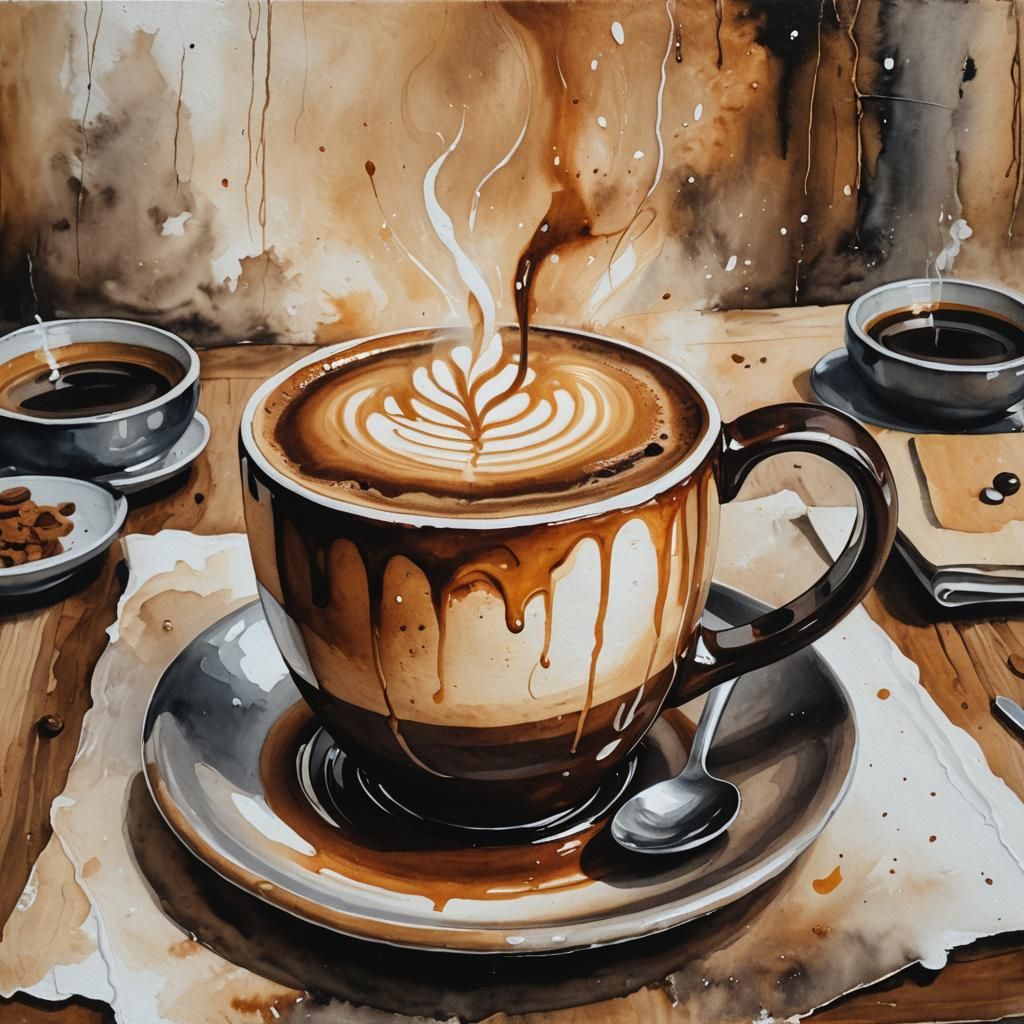 Cafe Coffee Cup Art with Mixed Painting Techniques