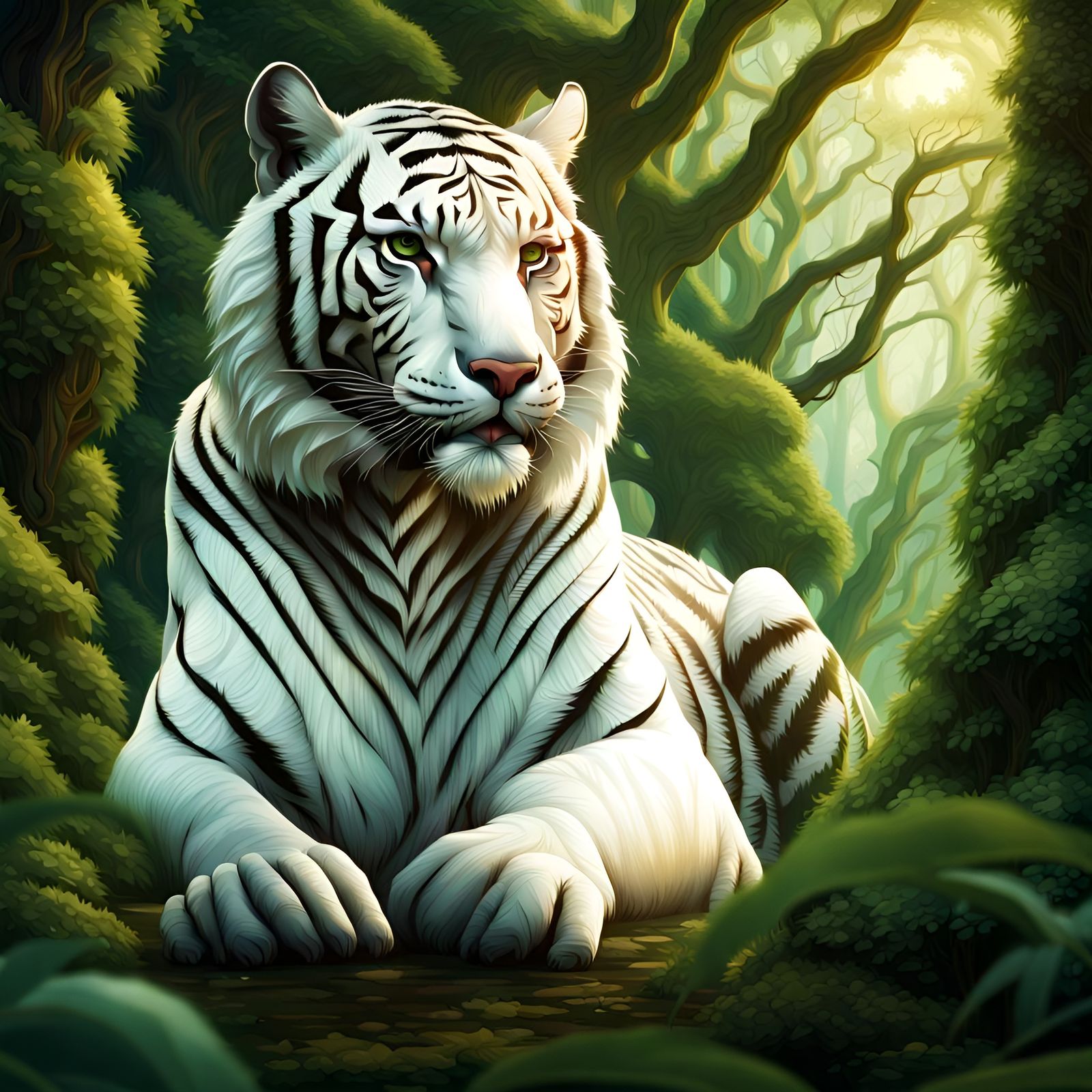 White Tiger Portrait in Lush Green Forest