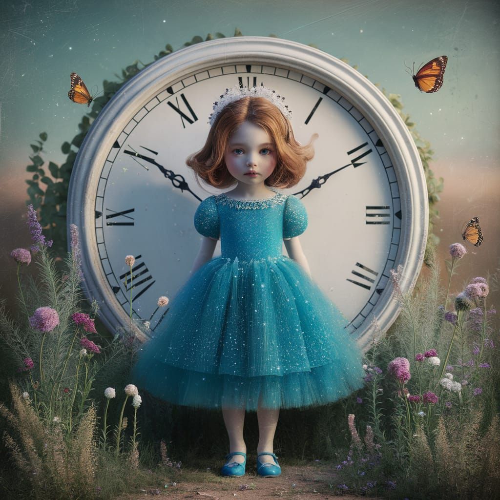 Dreamlike Girl with Clock in Whimsical Illustration