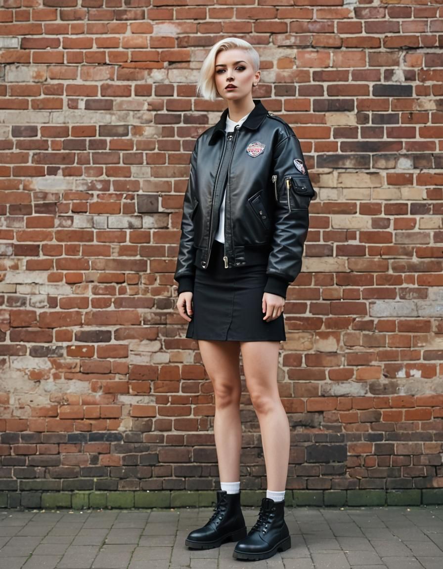 a skinhead girl 22YO, standing in front of a brick wall, a p...