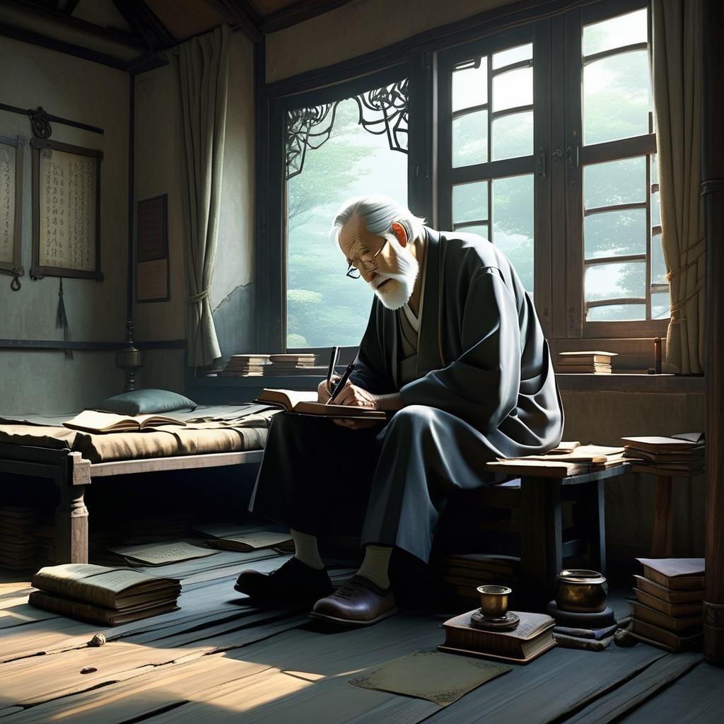 Elderly Man Writing Story, Studio Ghibli Style