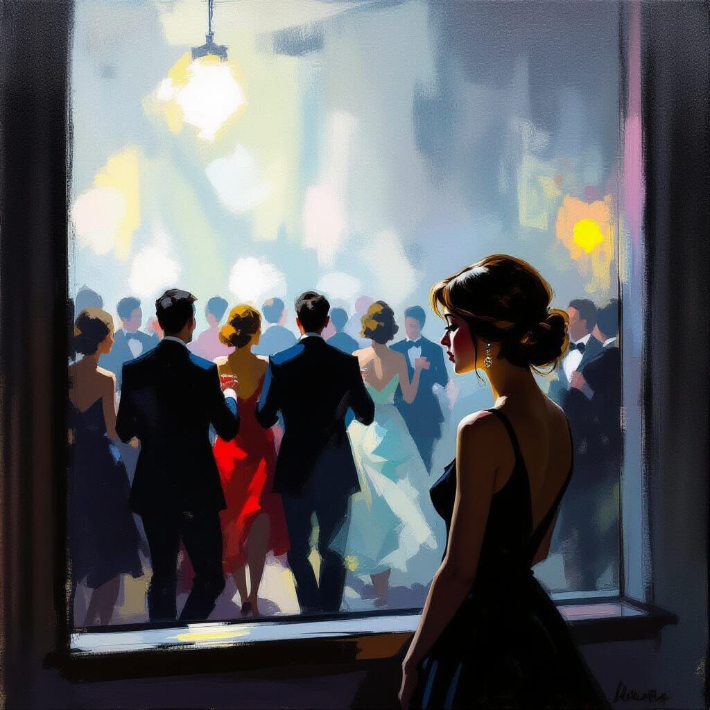 Woman Gazes Longingly at Party Through Window