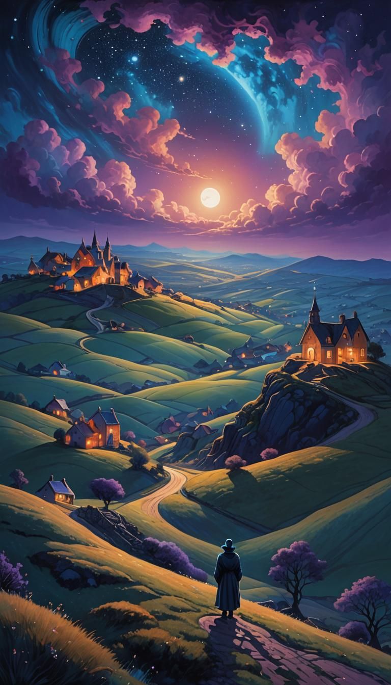 Starry Night Village Dreamscape in Surrealist Style