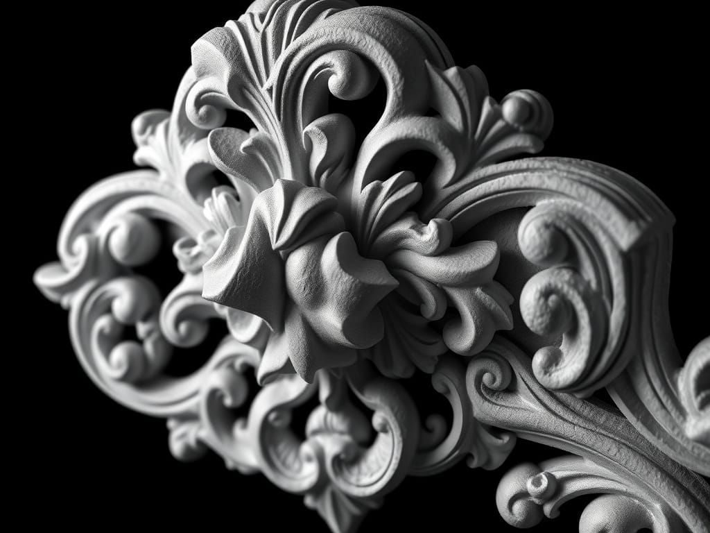 Baroque Woodcarving Ornament in Hyper-Realistic Grayscale