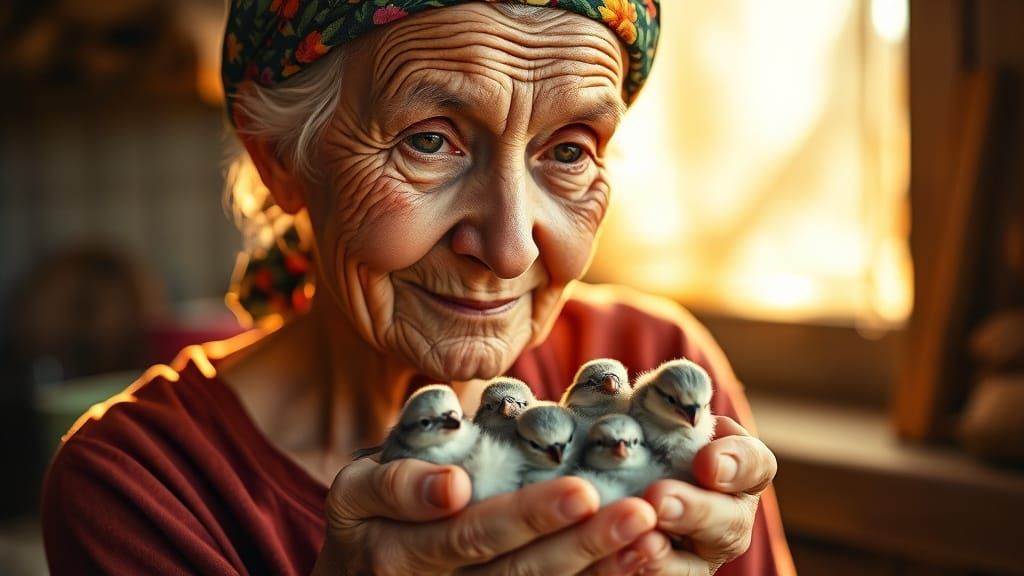 Warm Portrait of Elderly Woman with Birds in Gentle Hands
