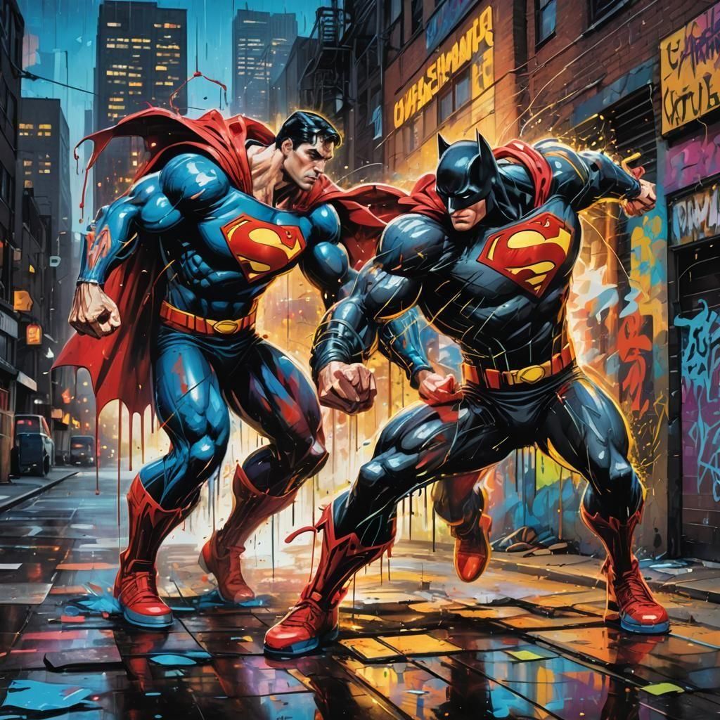 Superman vs. Batman in Graffiti Street Art
