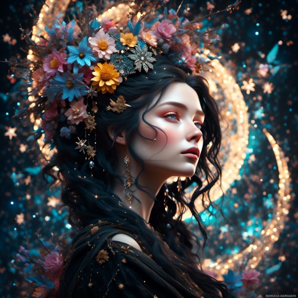 Ethereal Moon Goddess Portrait in Art Nouveau Style