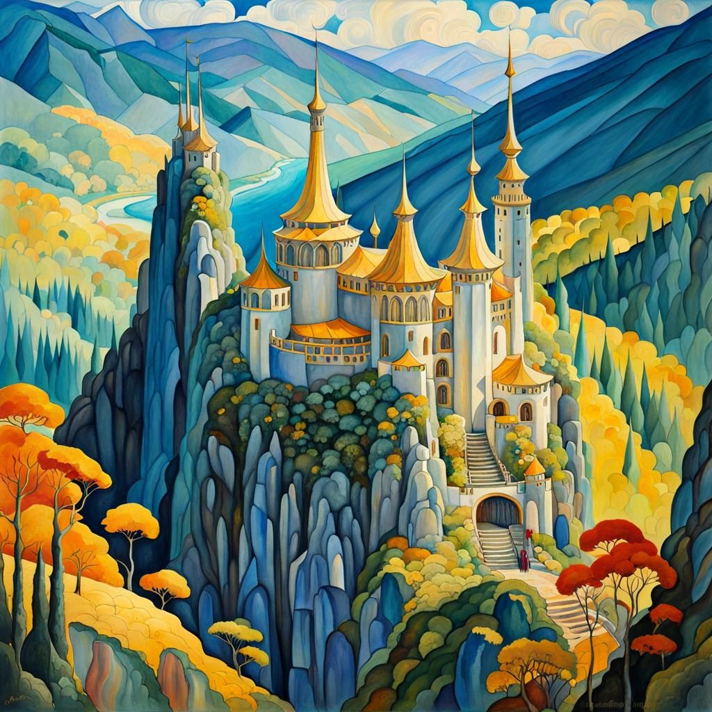 Elven Castle Landscape in Art Nouveau Style