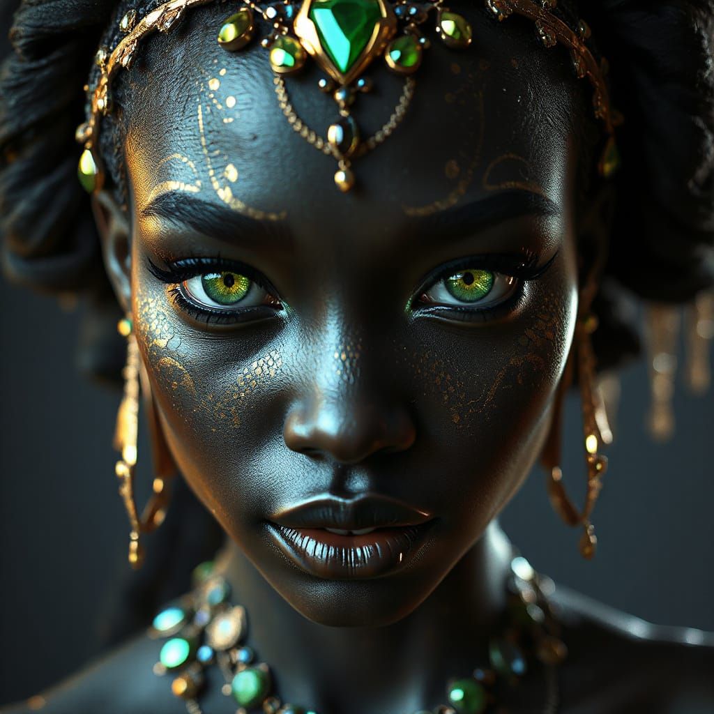 Black Goddess in Triadic Colors with Mosaic Jewels