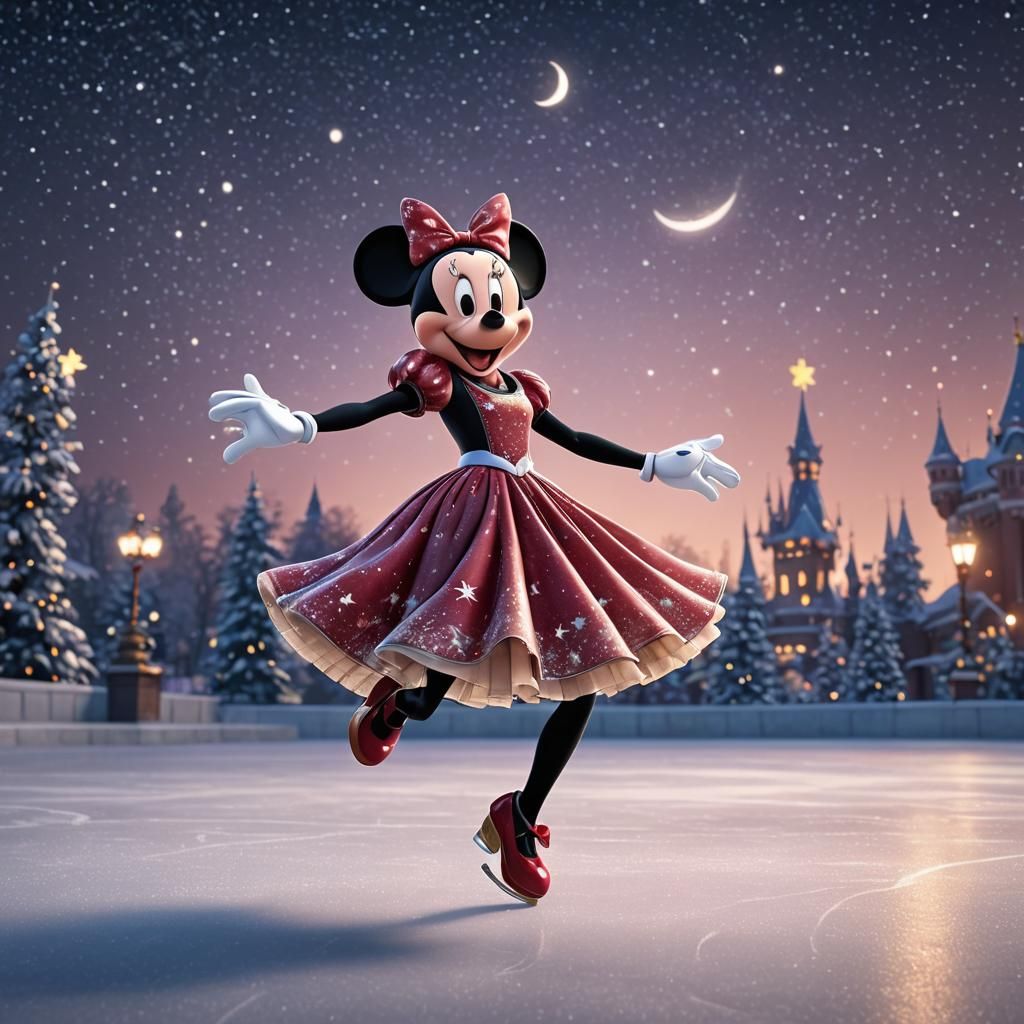 Minnie Mouse Ice Skating at Night in 3D