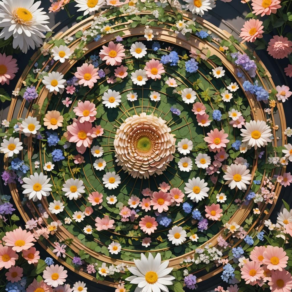 Concentric Circles of Flowers in 3D Anime Art