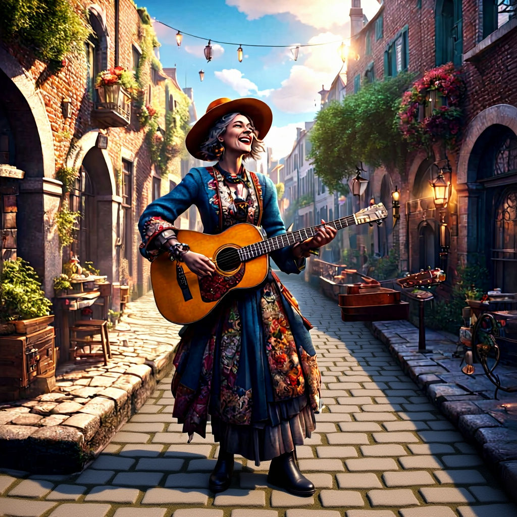 Female Singer Performing on Cobbled Street, Digital Art