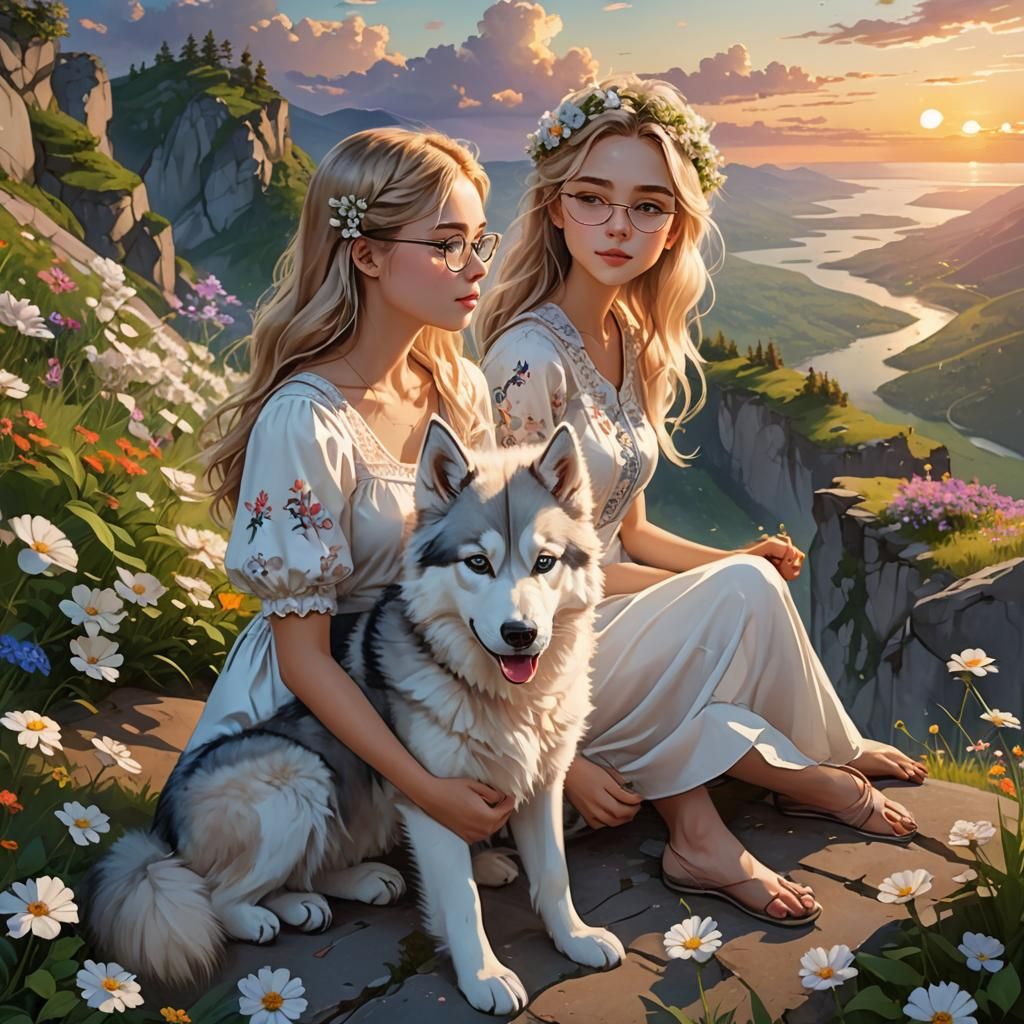 Girl and Husky in Flower Paradise: Anime Style
