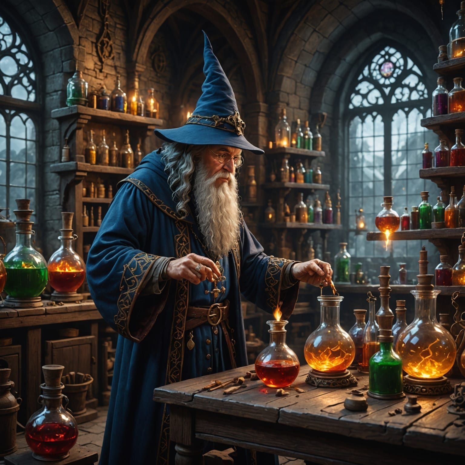 Fantastical Wizard Tending to Magic Potions in Castle Labora...