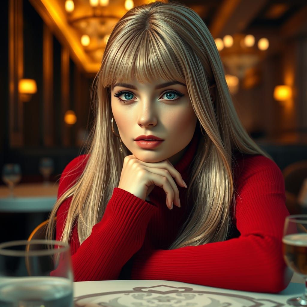 Woman in Crimson Sweater, Lost in Thought, in a Refined Rest...