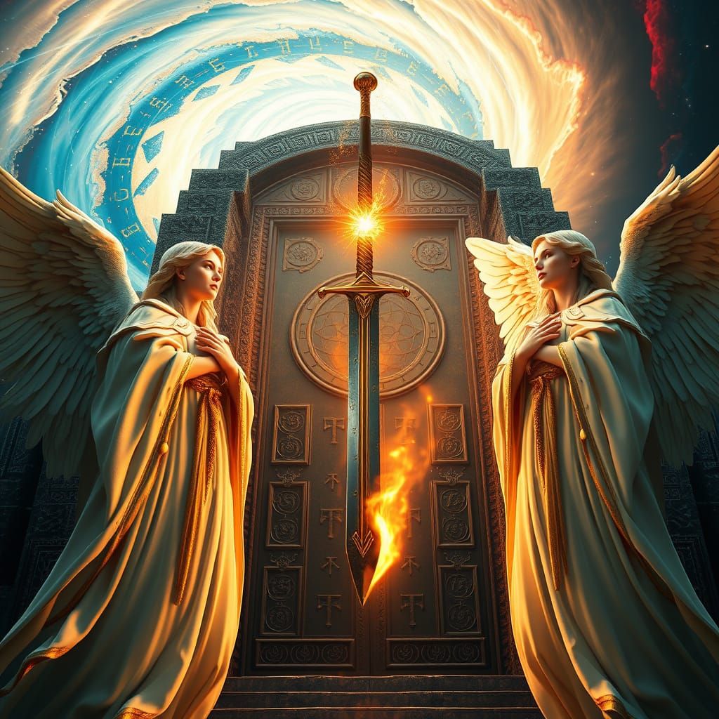 Majestic Angels Guard Ancient Gate with Spinning Flaming Swo...