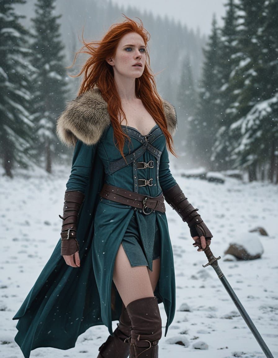 Fiery Viking Shieldmaiden in Snowy Tundra