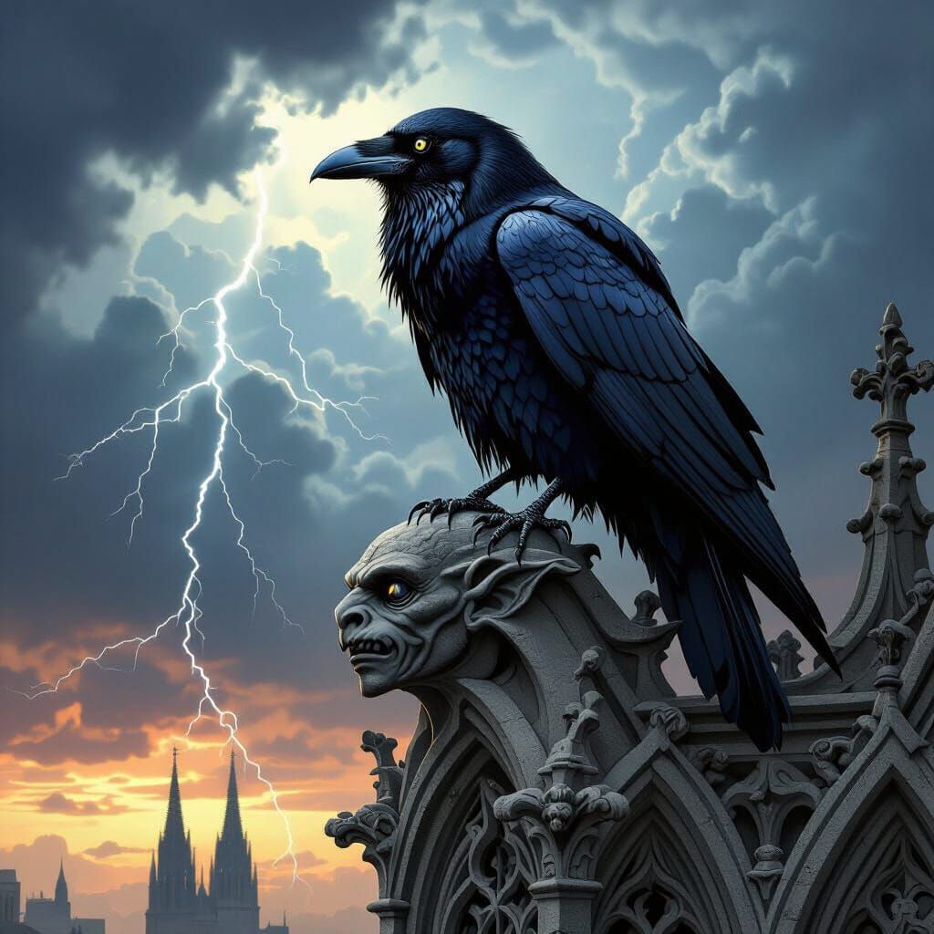 Raven on Gothic Gargoyle, Fantasy Art