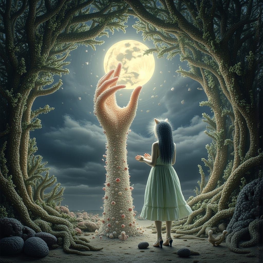 Dreamlike Feline Hand Reaching for Moonlit Leaves