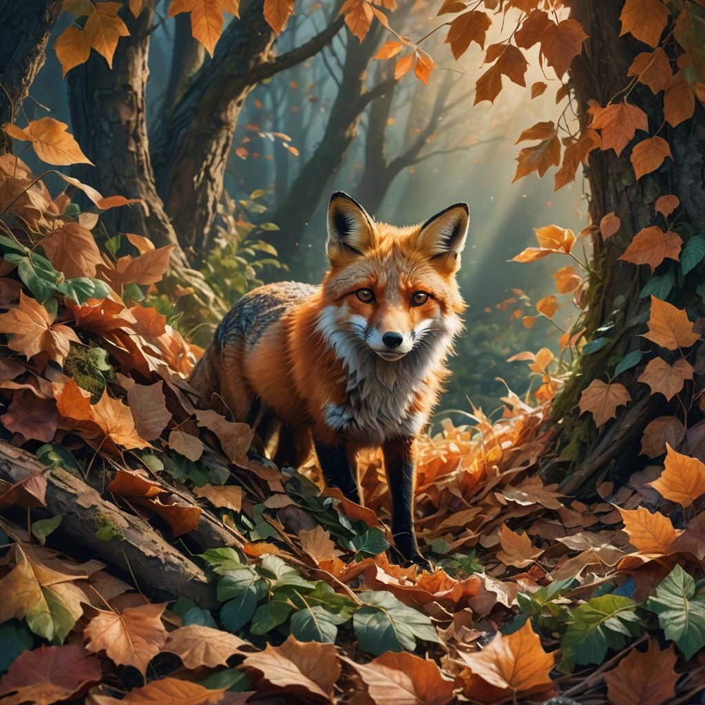 Red Fox Peeking from Autumn Leaves: Fantasy Concept Art
