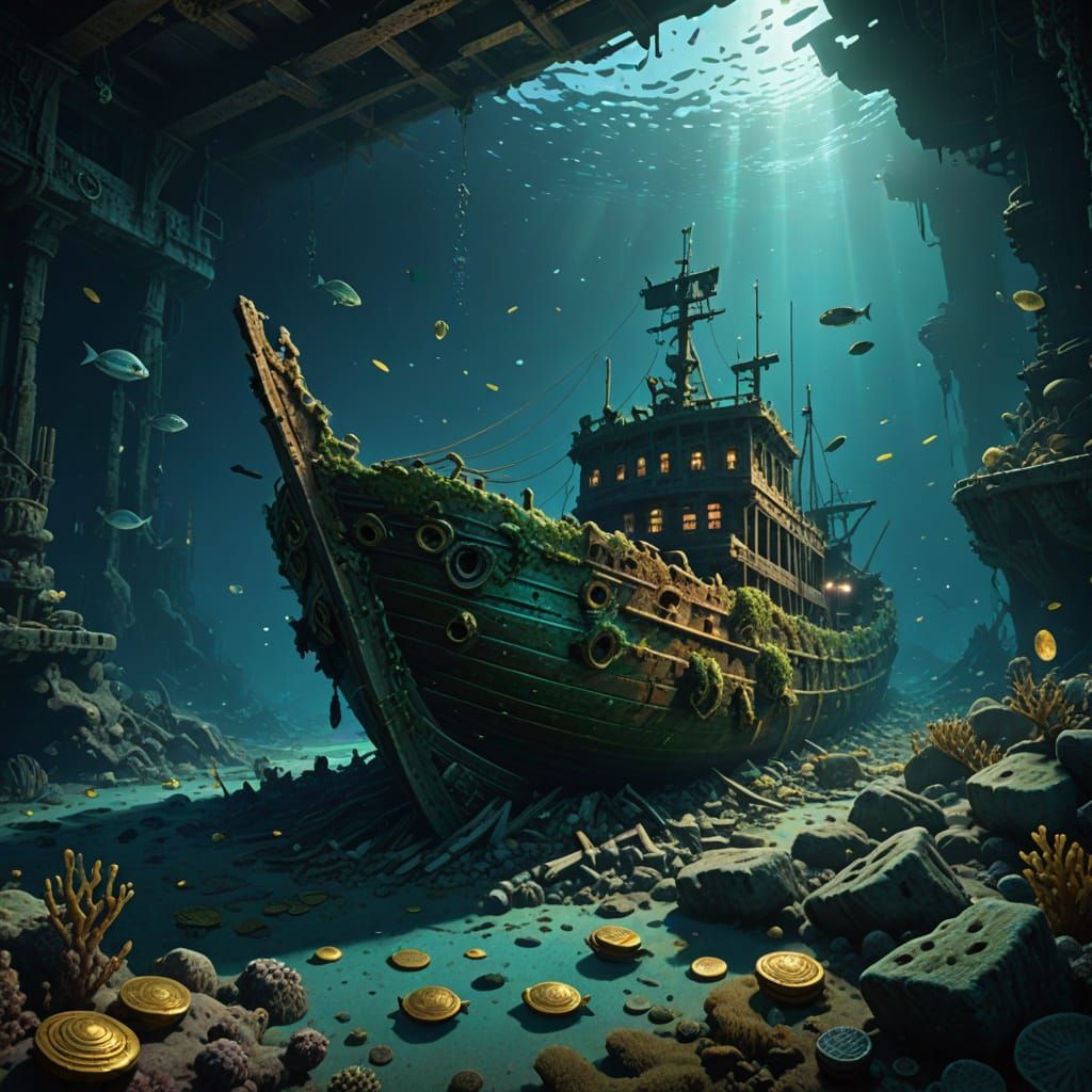 Haunting Shipwreck on Ocean Floor in Epic Fantasy Style