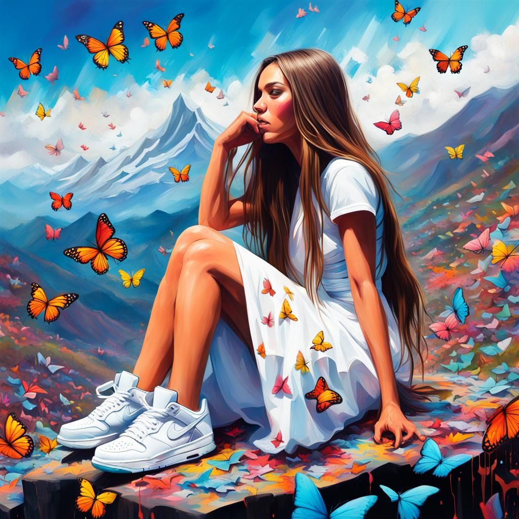 Girl with Butterflies on Mountain Top in Graffiti Art