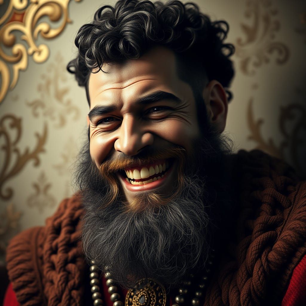 Jovial King with Wild Beard and Innocent Smile in Art Nouvea...