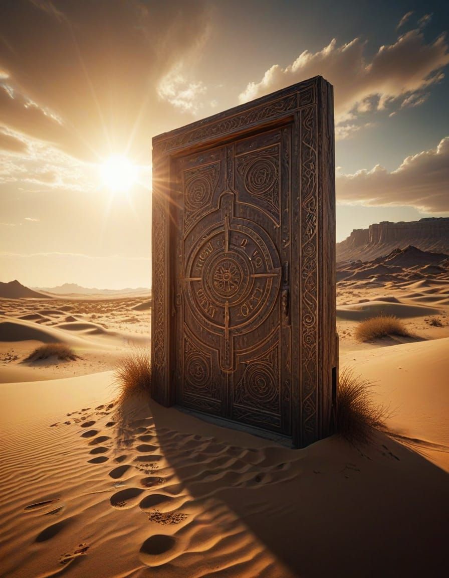 a mysterious door in a desert