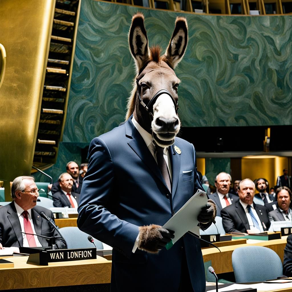 a donkey in a suit speaking at the un - United Nations