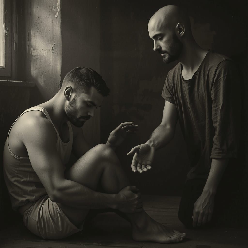 Man Offers Support in Desolate Room, Pre-Raphaelite Style