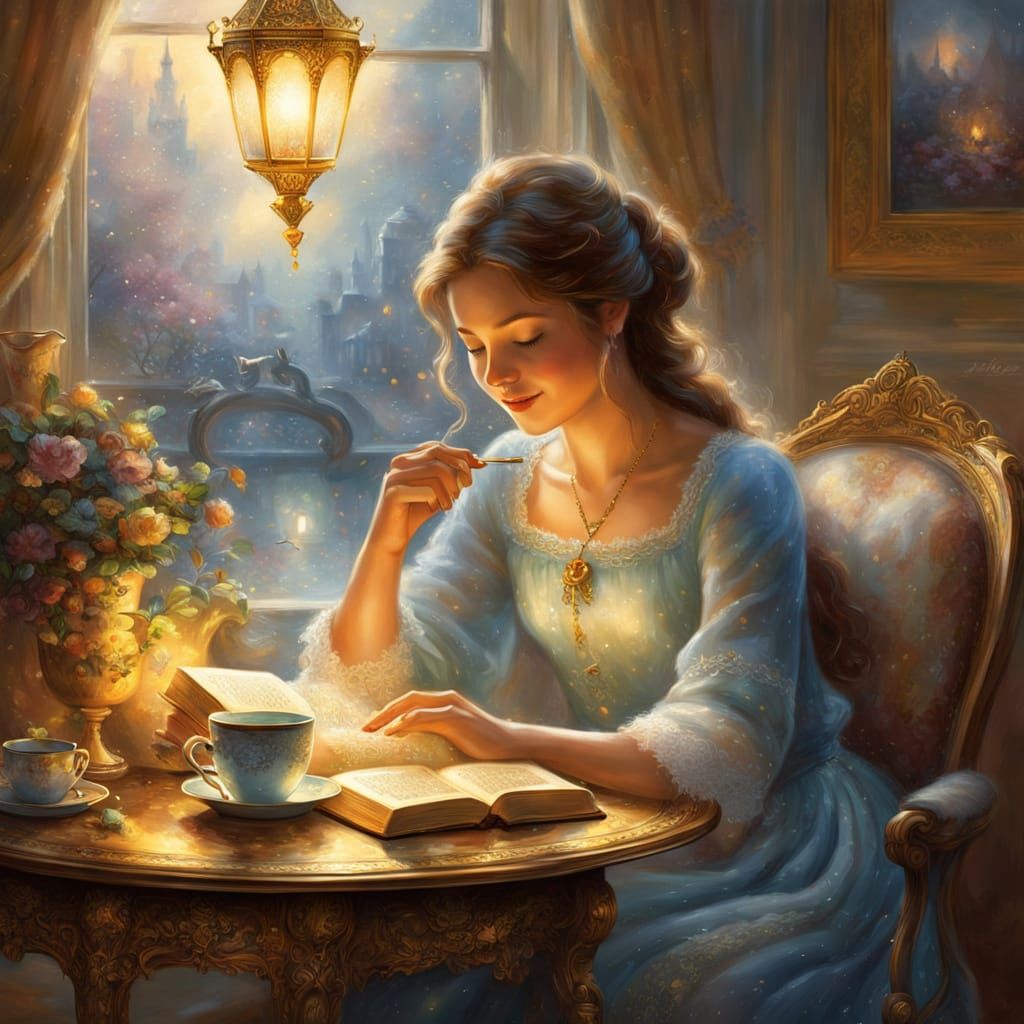 French Impressionist Scene with a Young Woman Reading in a C...