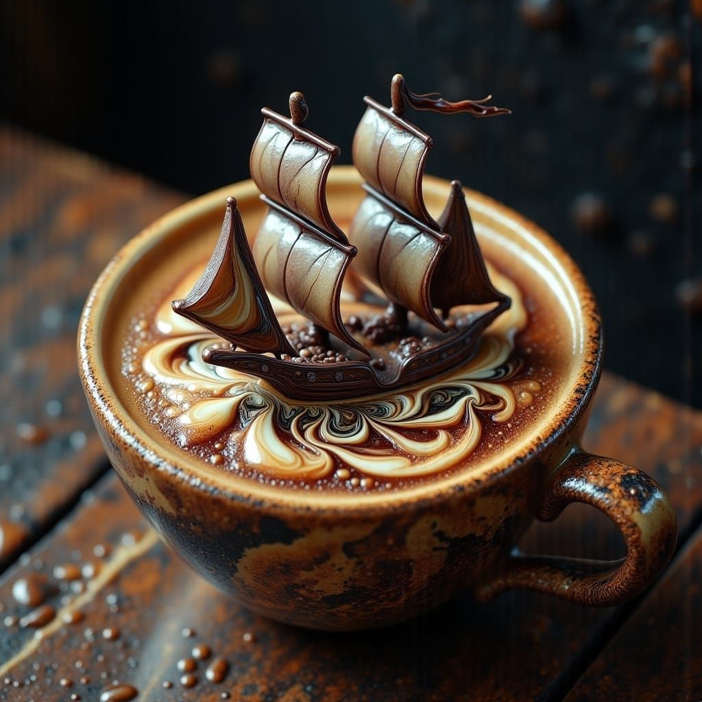 Chocolate Ship Latte Art Ocean: Hyperrealistic Digital Paint...
