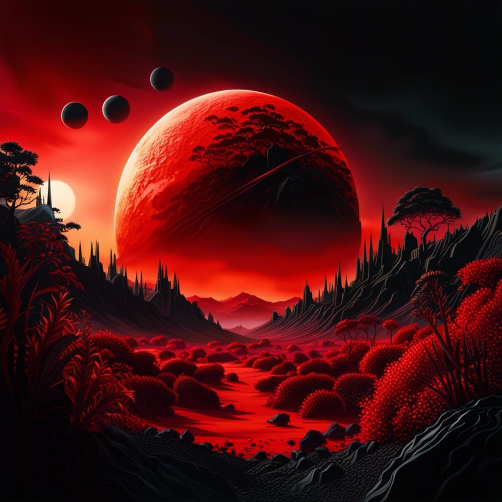 Exoplanet Forest with Red Sun: Digital Matte Painting