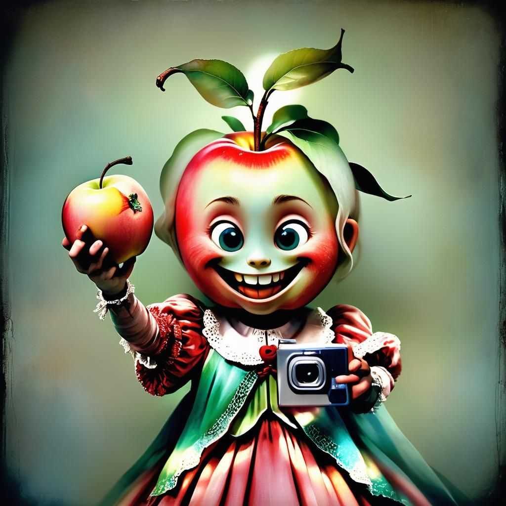 Smiling Apple Selfie with Peach: Vintage Photograph