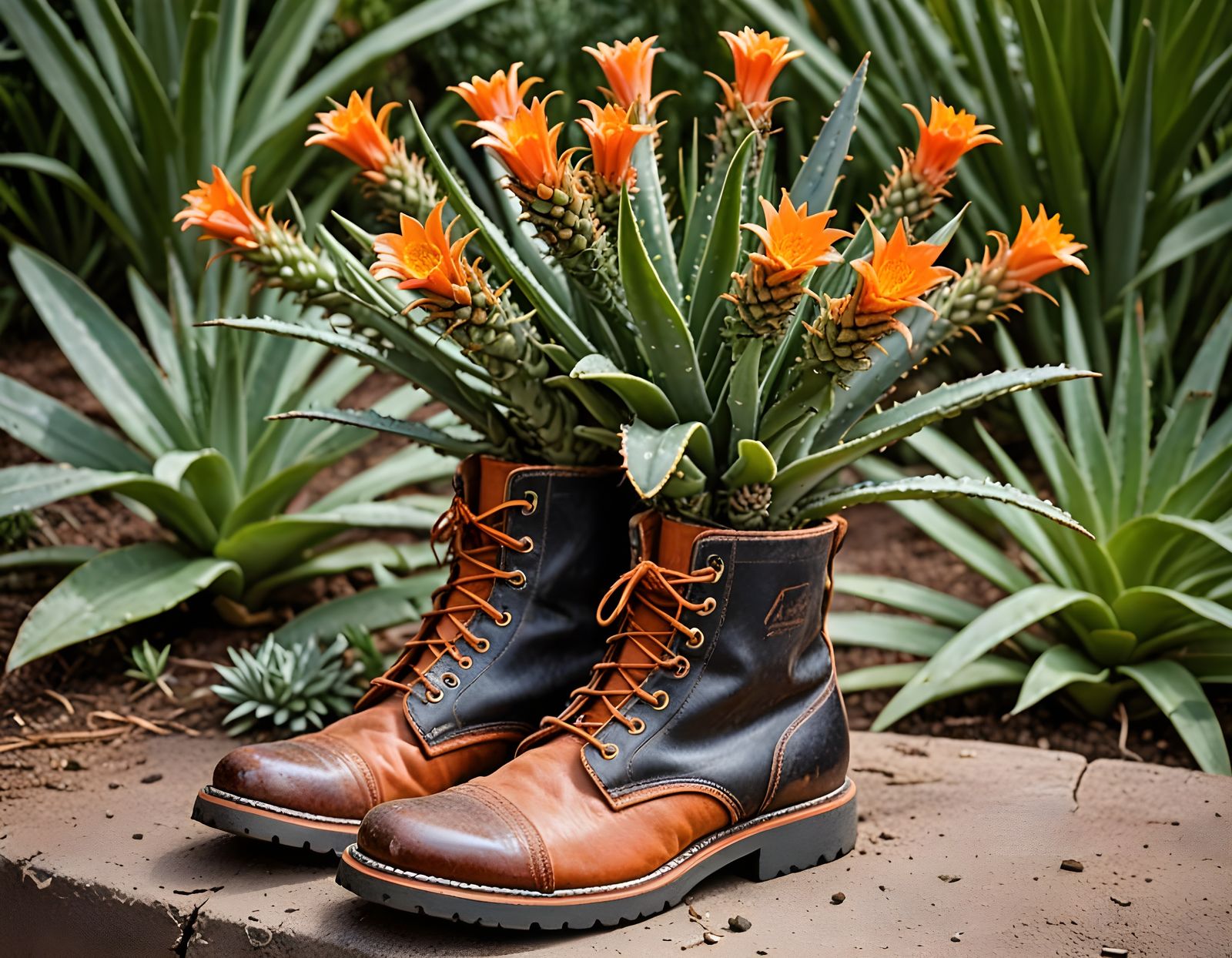 Orange Aloes Planted in Worn Leather Boot
