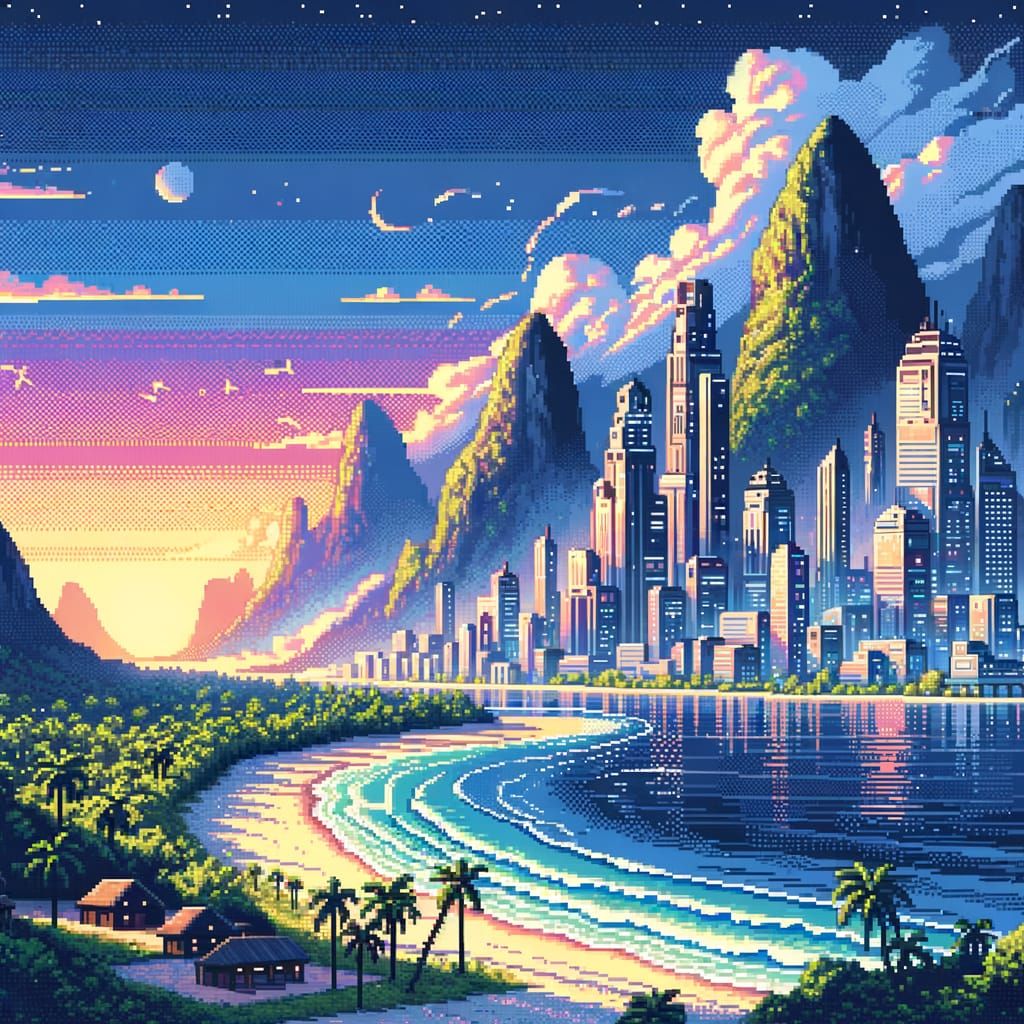 8-Bit Pixel Art City Meets Tropical Beach