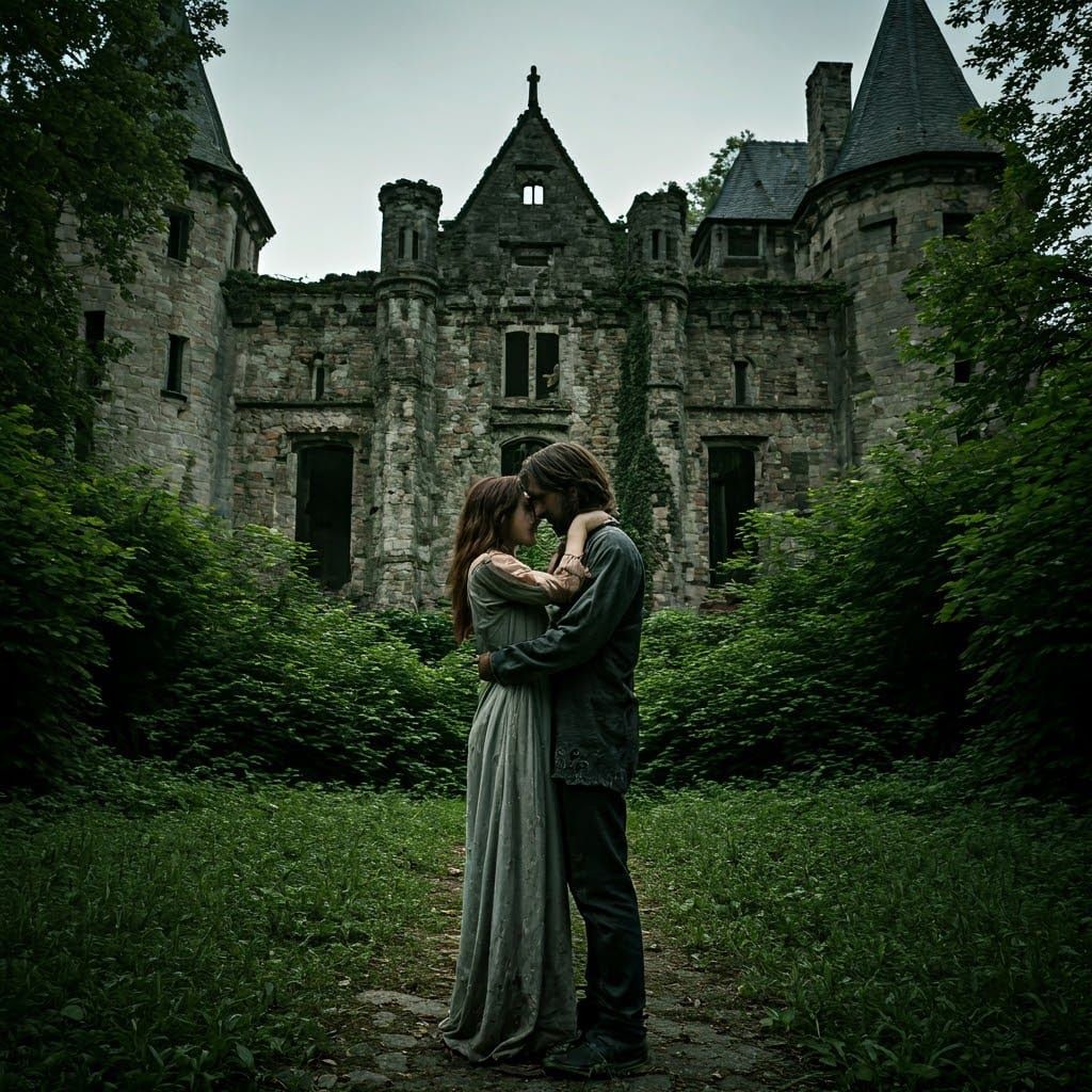 Distressed Couple Embrace Before Ancient Castle