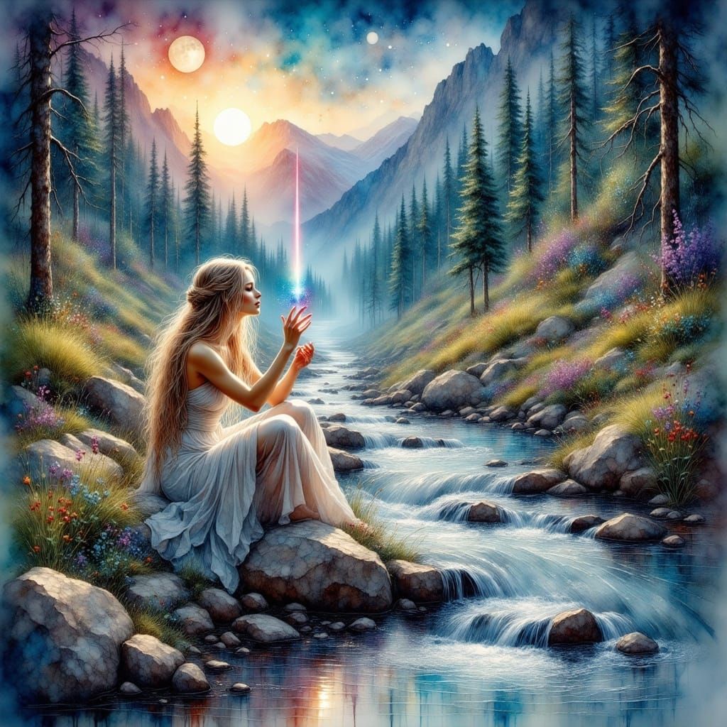 Norse Goddess with Prism in Impasto Ink Style